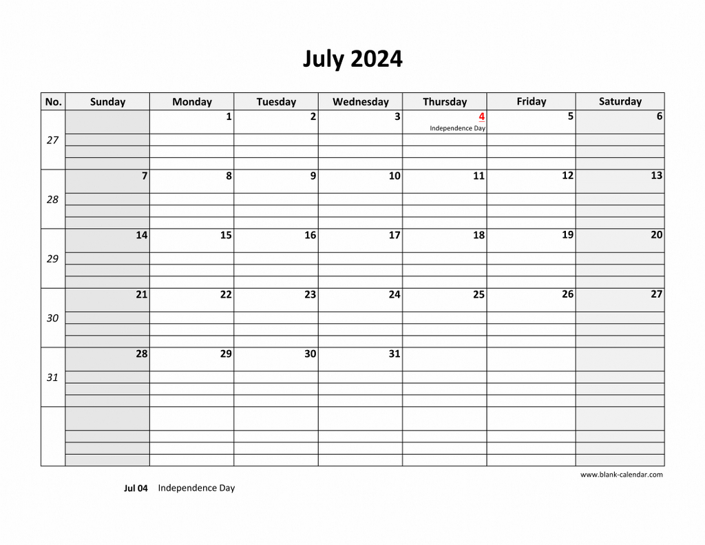 Free Download Printable July 2024 Calendar, Large Box Grid, Space | July 2024 Calendar With Lines