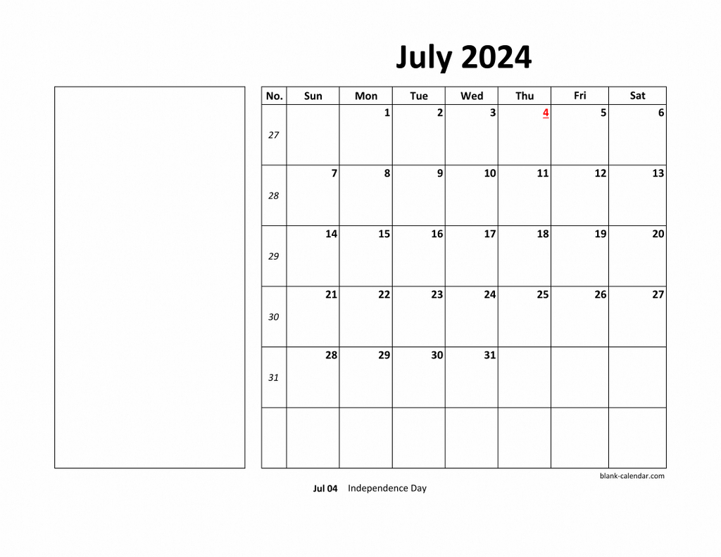 Free Download Printable July 2024 Calendar, Large Box, Holidays | July 2024 Calendar Large Squares