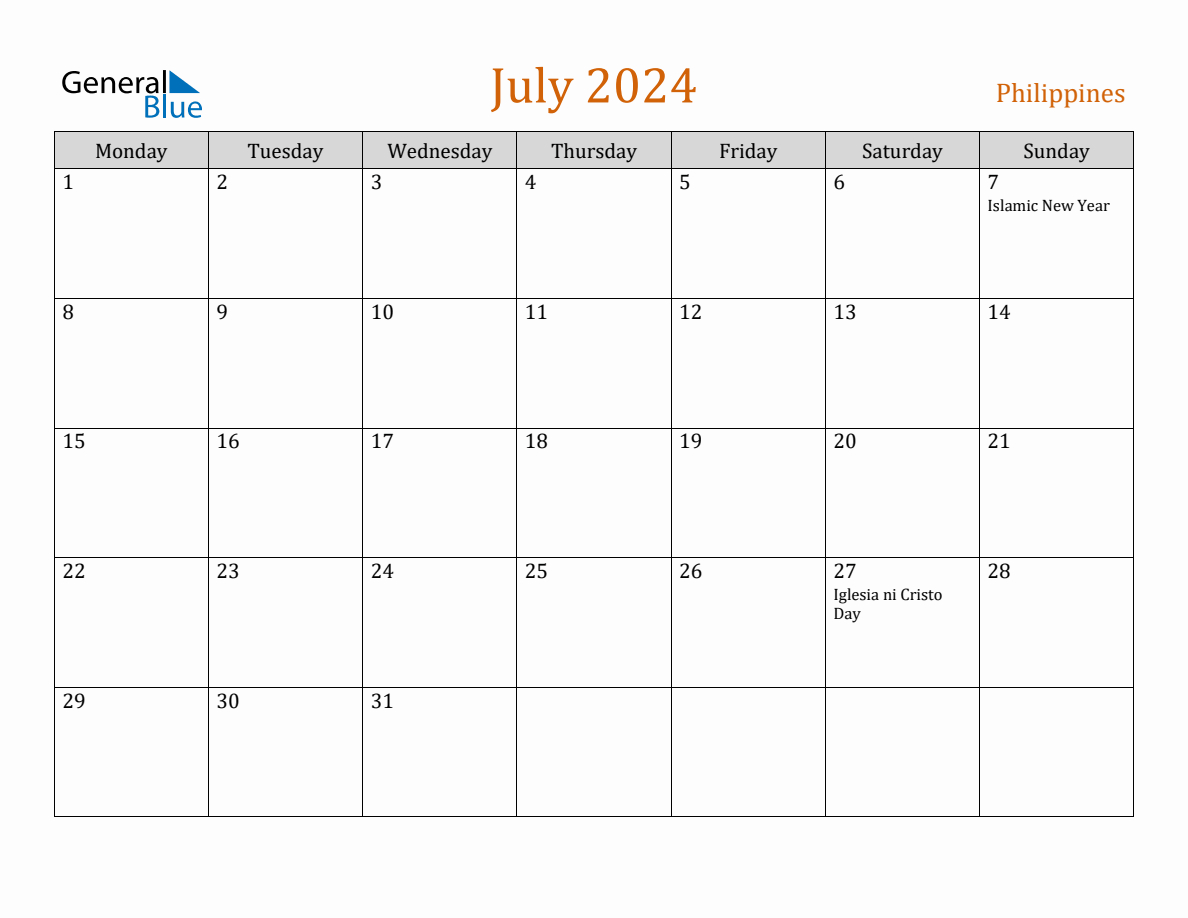 Free July 2024 Philippines Calendar | Philippine Calendar July 2024