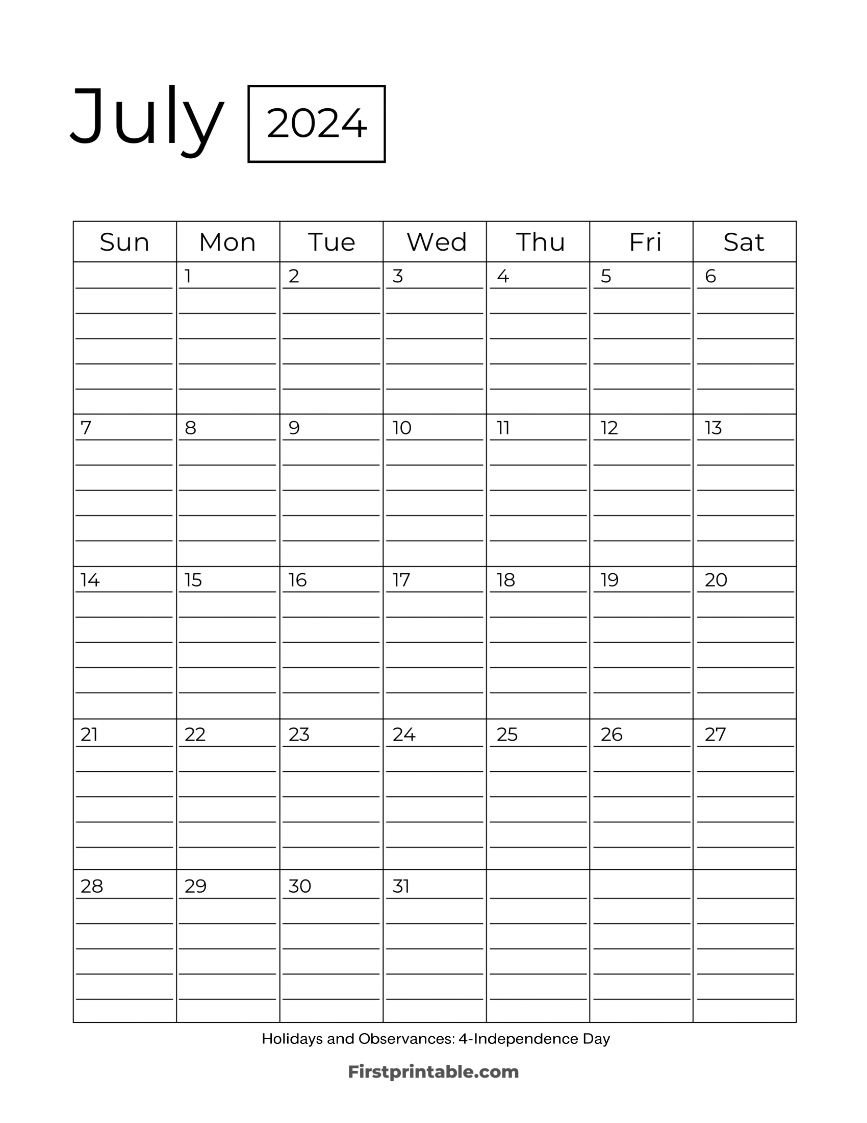 Free Printable &amp;amp; Fillable July Calendar 2024 | July 2024 Calendar With Lines