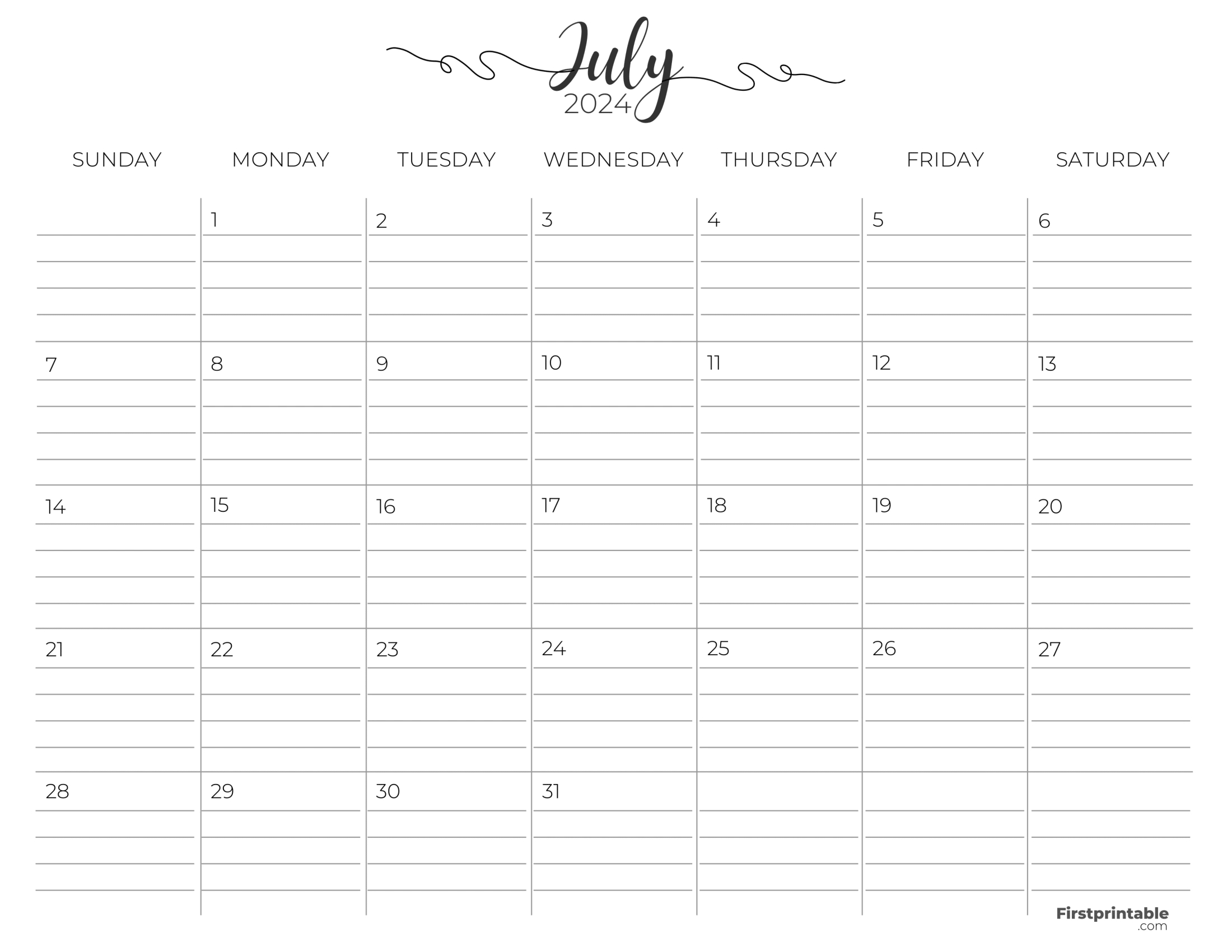 Free Printable &amp;amp; Fillable July Calendar 2024 | July Calendar 2024 With Lines