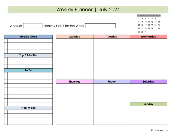 July 2024 Weekly Calendar | Calendar 2024
