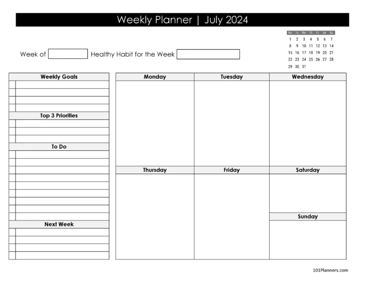 Weekly July 2024 Calendar | Calendar 2024