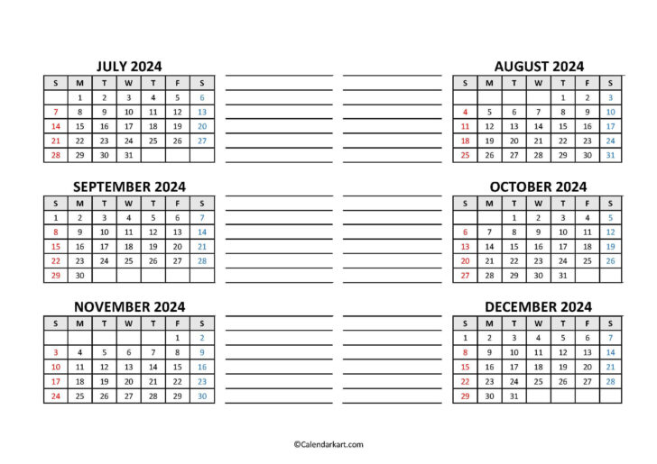 Printable Calendar July 2024 to December 2024 | Calendar 2024