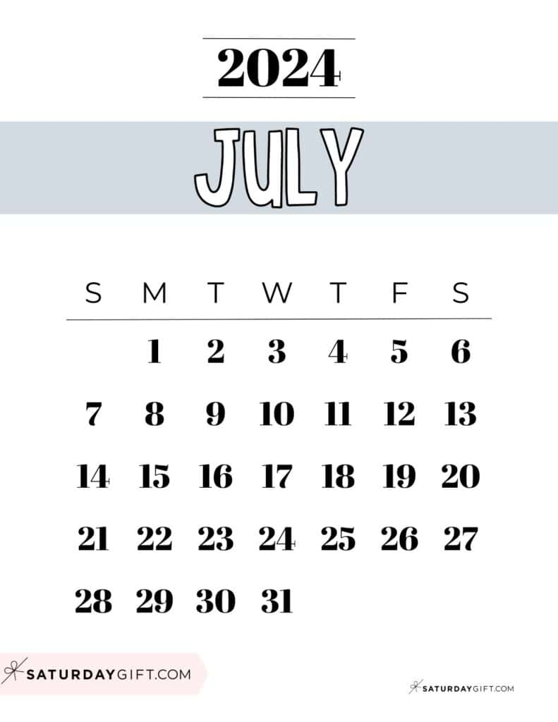 July 2024 Calendar - 20 Cute &amp;amp; Free Printables | Saturdaygift | 20th July 2024 Calendar Printable