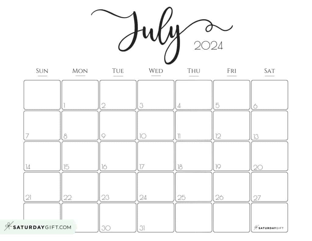 July 2024 Calendar - 20 Cute &amp;amp; Free Printables | Saturdaygift | 20th July 2024 Calendar Printable