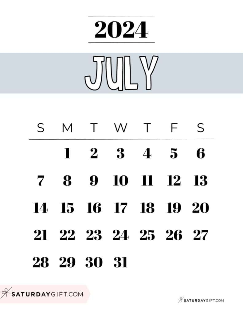 July 2024 Calendar - 20 Cute &amp;amp; Free Printables | Saturdaygift | 22 July 2024 Calendar Printable