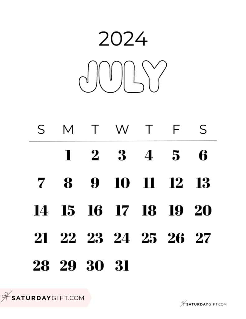 July 2024 Calendar - 20 Cute &amp;amp; Free Printables | Saturdaygift | 6Th July 2024 Calendar Printable