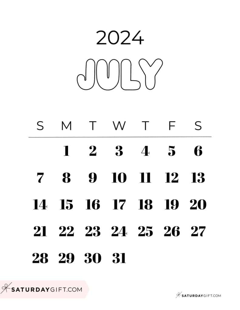 July 2024 Calendar - 20 Cute &amp;amp; Free Printables | Saturdaygift | 8th July 2024 Calendar Printable