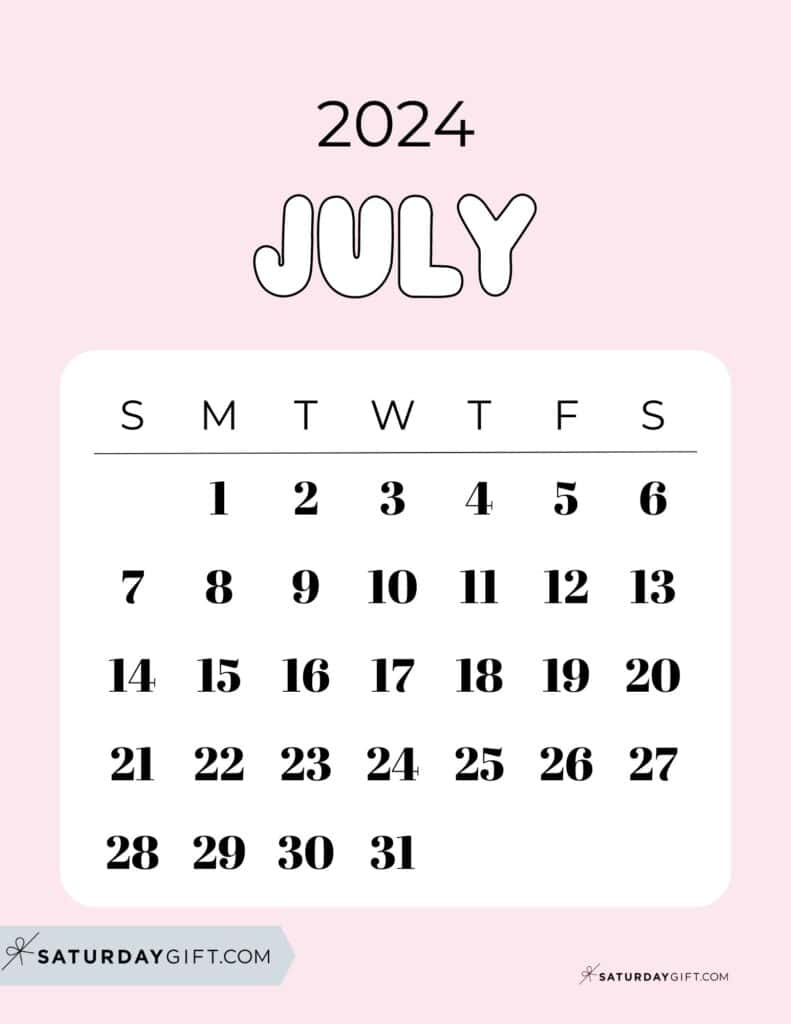 July 2024 Calendar - 20 Cute &amp;amp; Free Printables | Saturdaygift | Calendar 2024