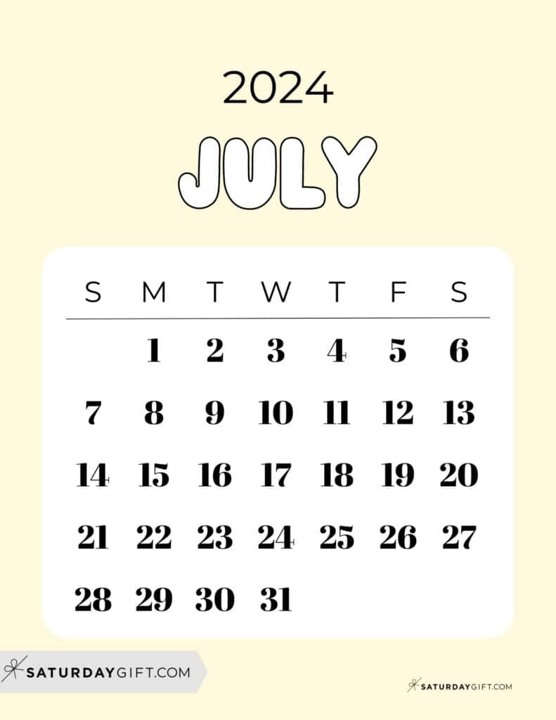 July 2024 Calendar - 20 Cute &amp;amp; Free Printables | Saturdaygift | Cute July 2024 Calendar Printable