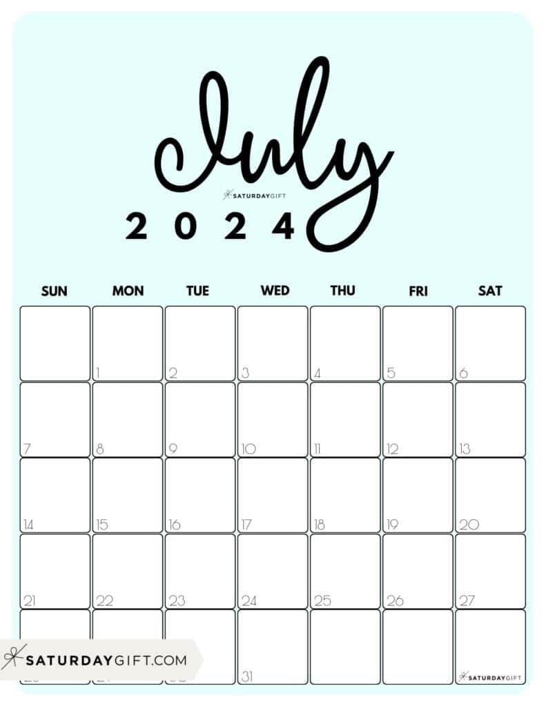 July 2024 Calendar - 20 Cute &amp;amp; Free Printables | Saturdaygift | Cute Printable July Calendar 2024