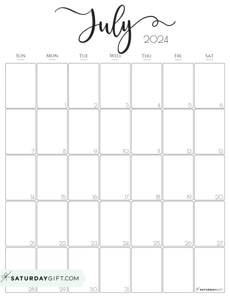 July 2024 Calendar - 20 Cute &amp;amp; Free Printables | Saturdaygift | July 2024 Calendar Portrait