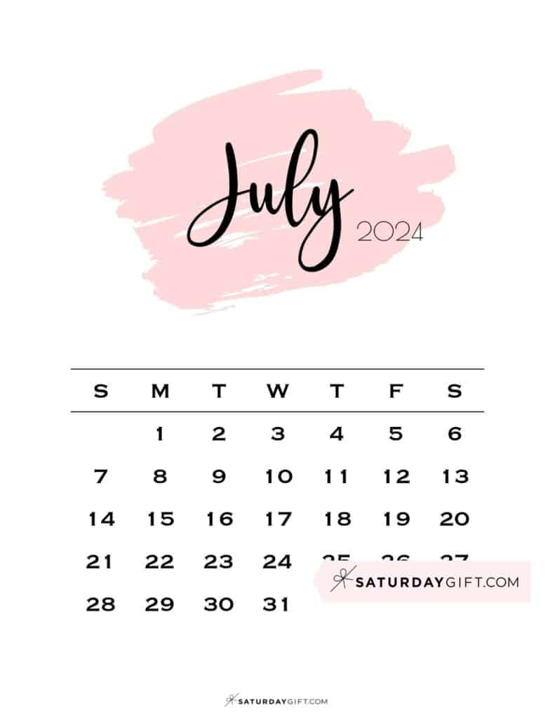 July 2024 Calendar - 20 Cute &amp;amp; Free Printables | Saturdaygift | Pink July Calendar 2024