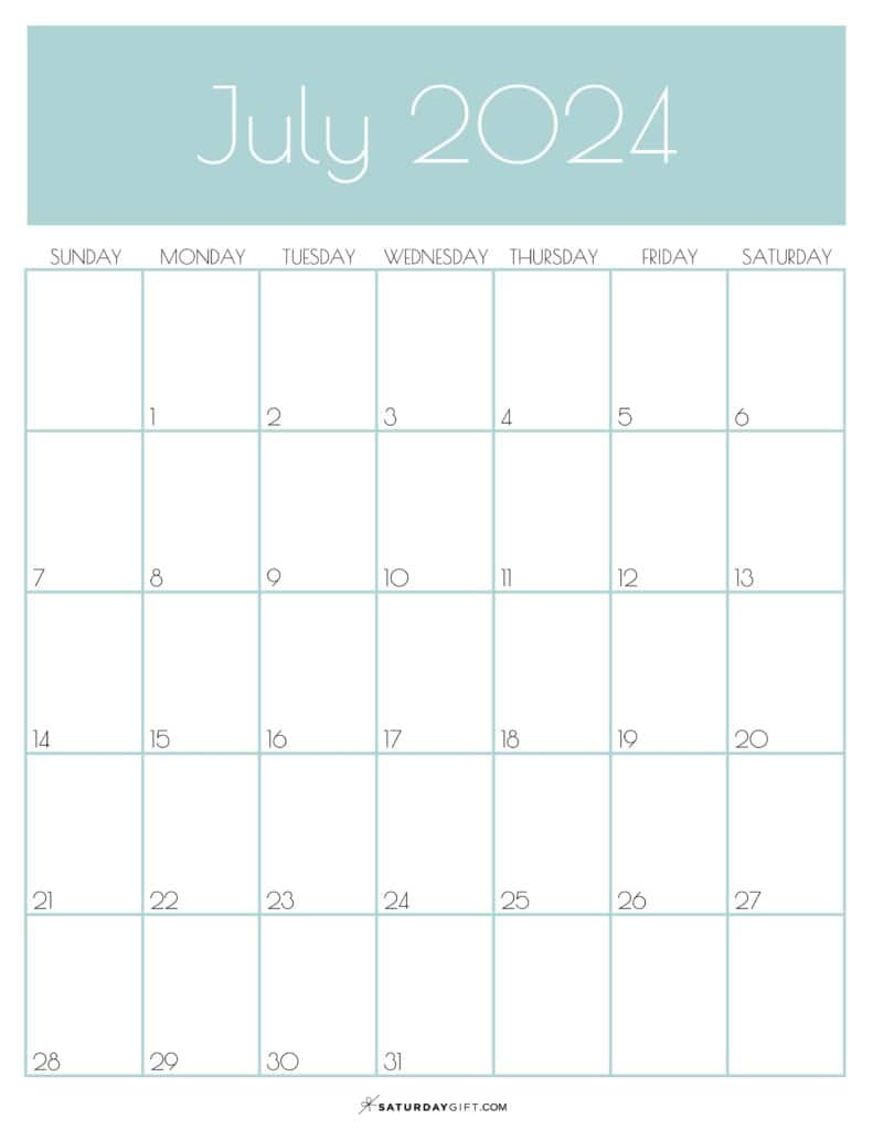 July 2024 Calendar - 20 Cute &amp;amp; Free Printables | Saturdaygift | Vertical July 2024 Calendar