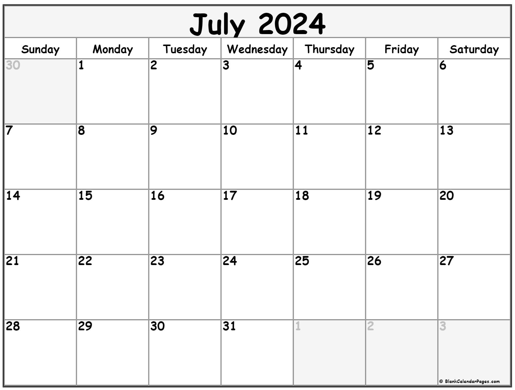 July 2024 Calendar | Free Printable Calendar | Blank July Calendar Printable 2024