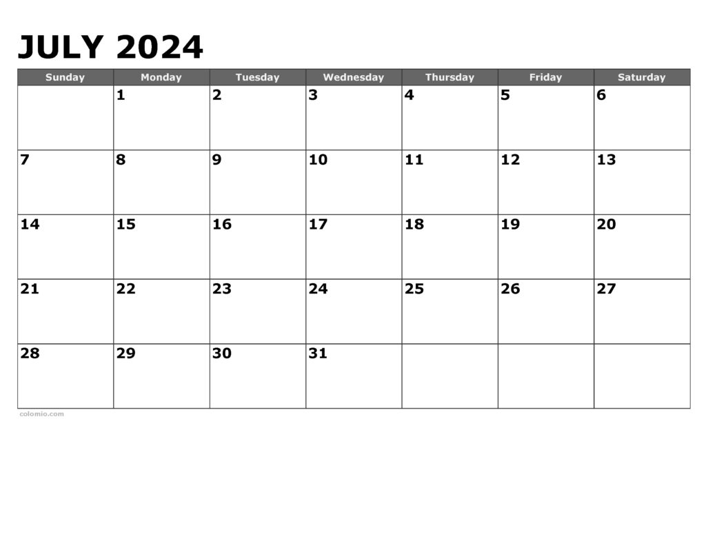 July Calendar Days 2024 | Calendar 2024 | Printable Calendar 2024