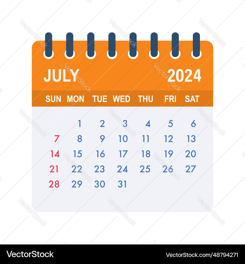 July 2024 Calendar Leaf In Flat Royalty Free Vector Image | July 2024 Calendar Vector