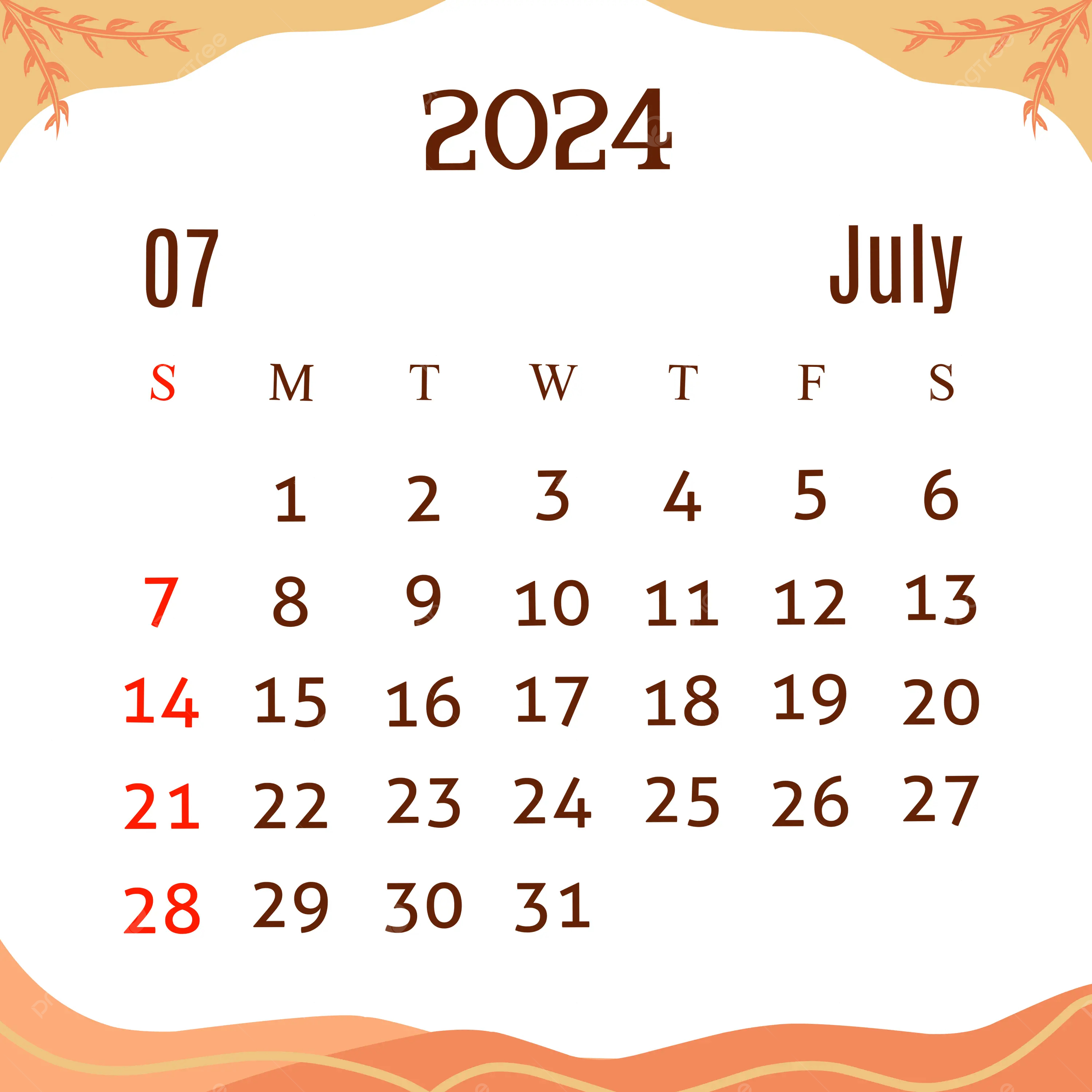 July 2024 Calendar Orange Pastel Aesthetic Illustration Design | July 2024 Calendar Clipart