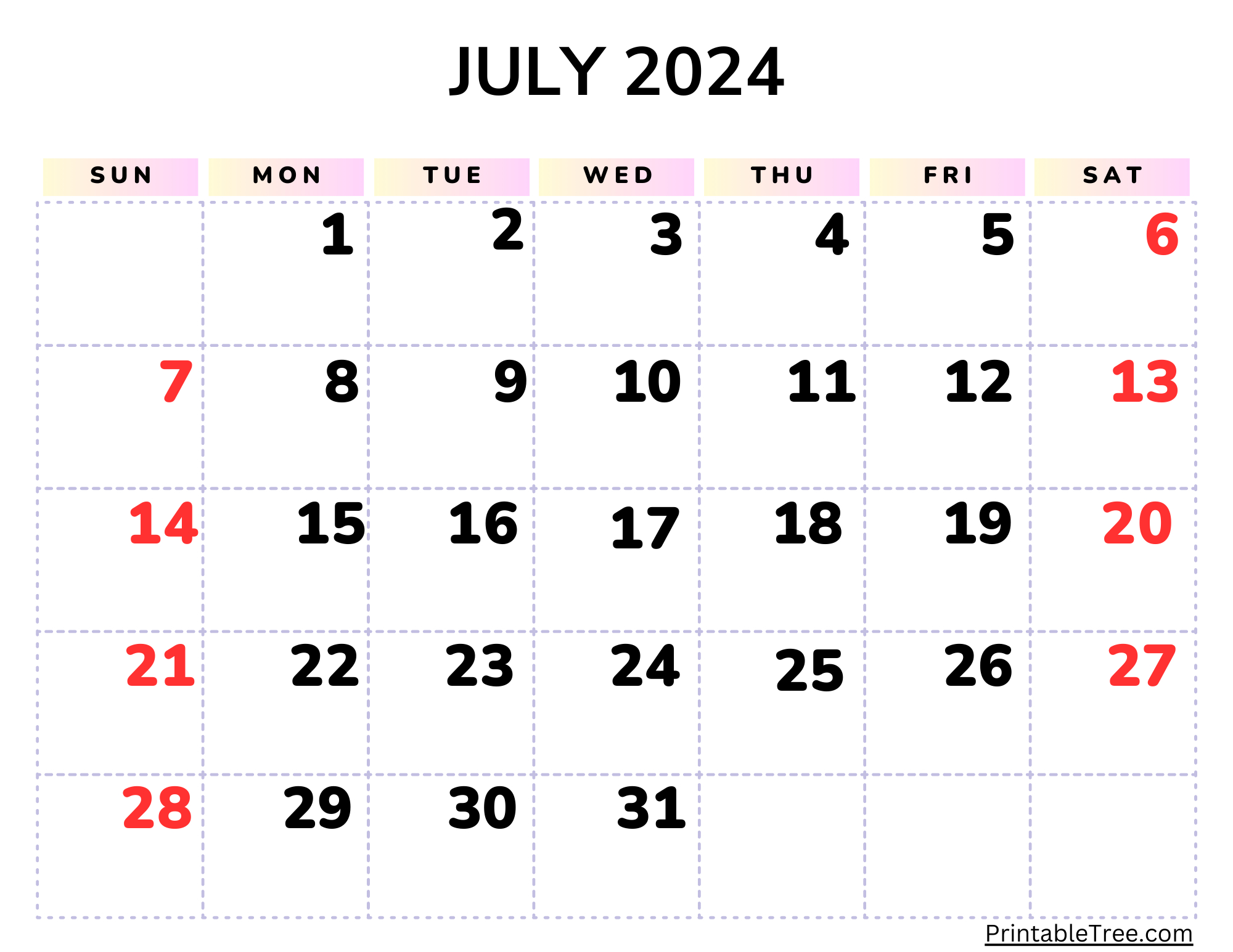 July 2024 Calendar Printable Pdf With Holidays Free Template | July 2024 Calendar Big Numbers