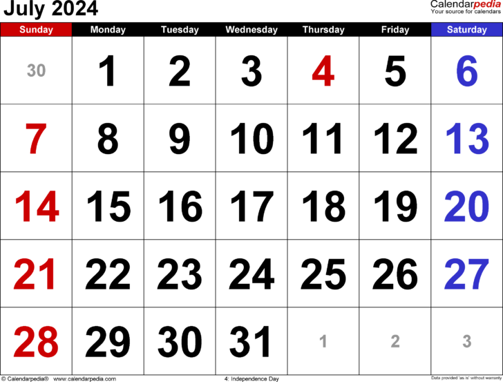 6th July 2024 Calendar Printable | Calendar 2024