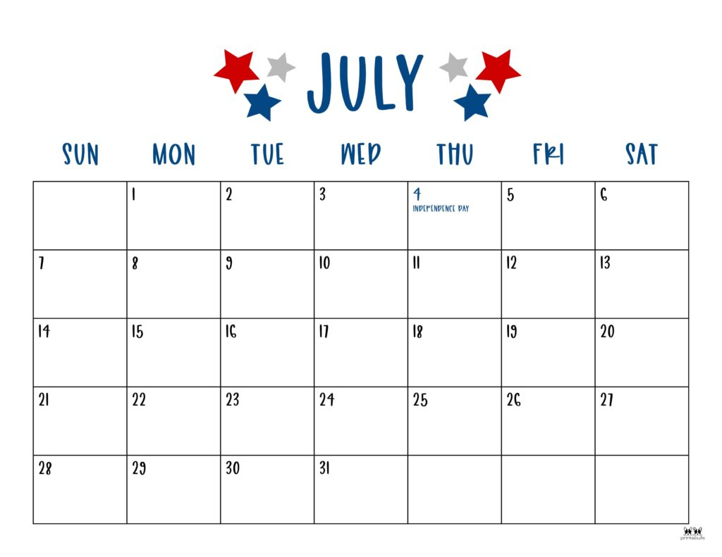 July 2024 Calendars - 50 Free Printables | Printabulls | A July 2024 Calendar Printable