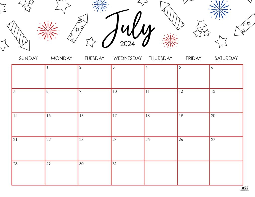 July 2024 Calendars - 50 Free Printables | Printabulls | July 2024 Calendar Cute