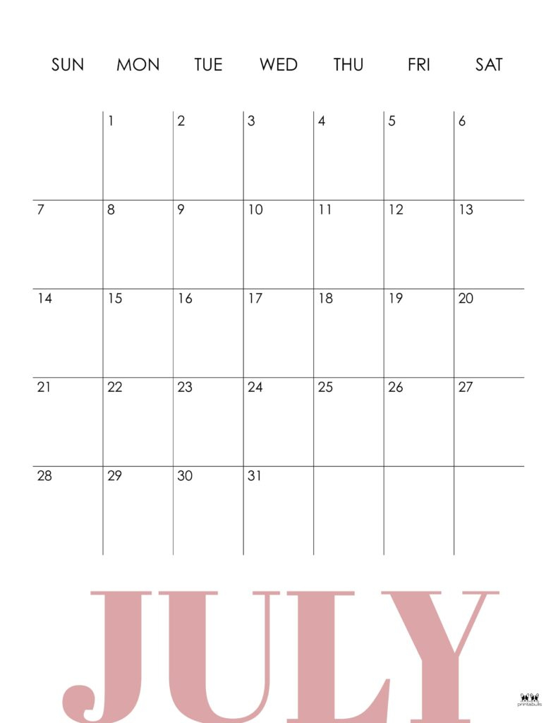 July 2024 Calendars - 50 Free Printables | Printabulls | July 2024 Vertical Calendar