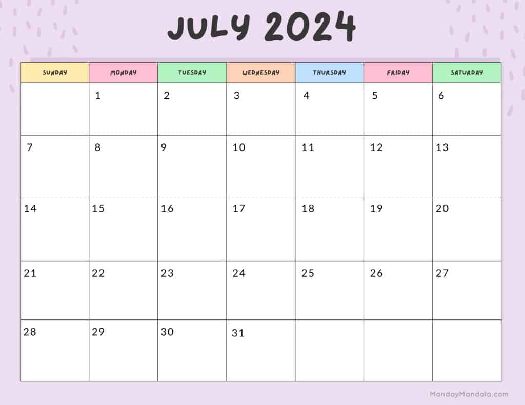 July 2024 Calendars (52 Free Pdf Printables) | July 2024 Calendar Colorful