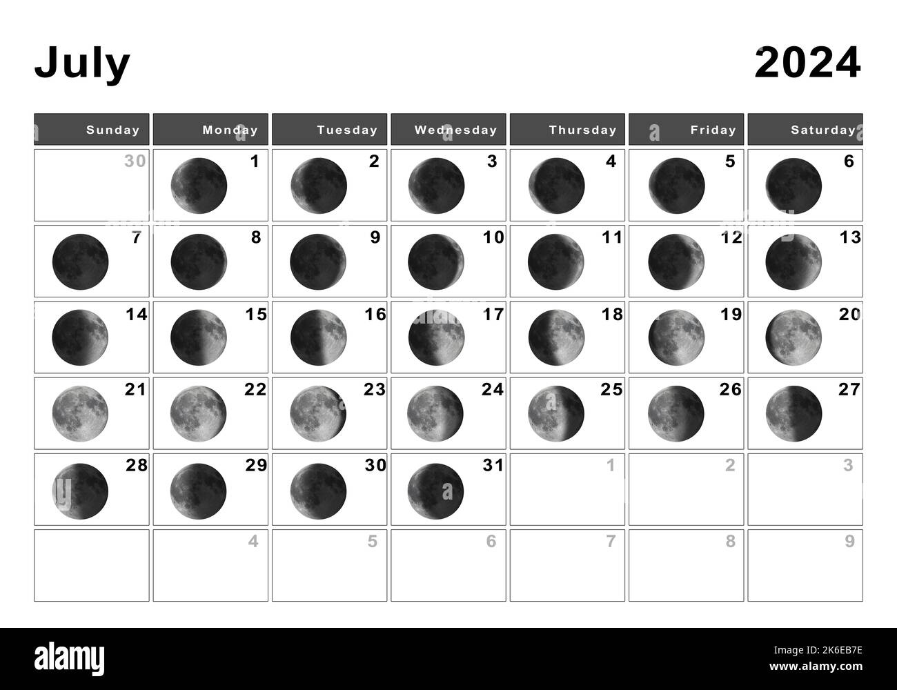 July 2024 Lunar Calendar, Moon Cycles, Moon Phases Stock Photo - Alamy | Moon Phases Calendar July 2024