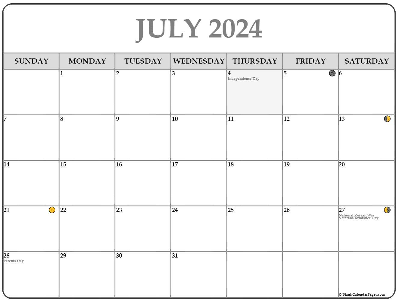 July 2024 Lunar Calendar | Moon Phase Calendar | July 2024 Moon Phases Calendar