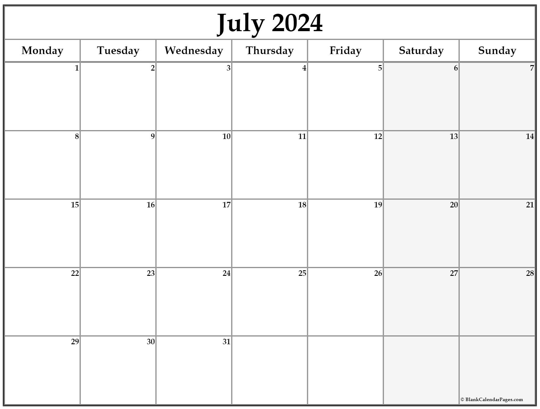 July 2024 Monday Calendar | Monday To Sunday | Calendar 2024