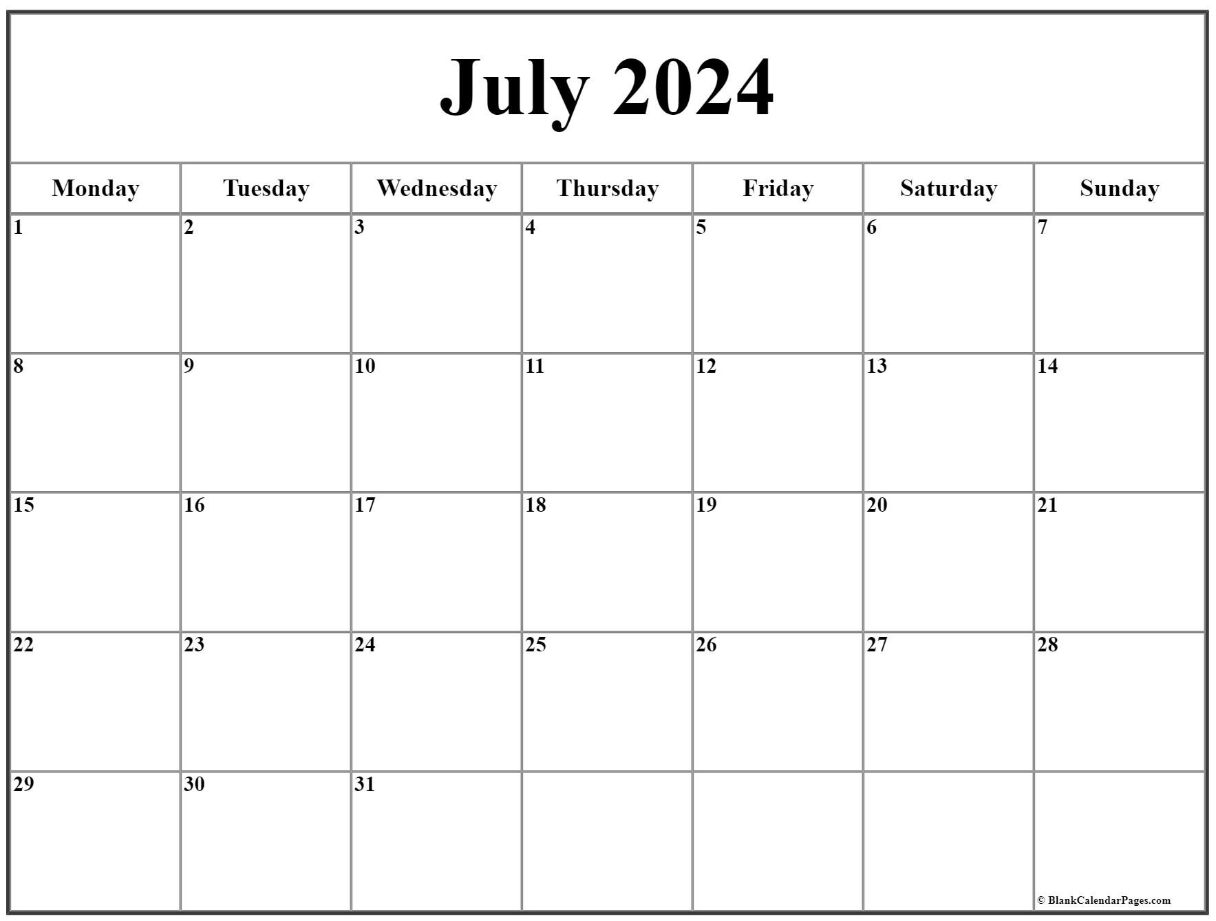 July 2024 Monday Calendar | Monday To Sunday | July 2024 Calendar Monday Start