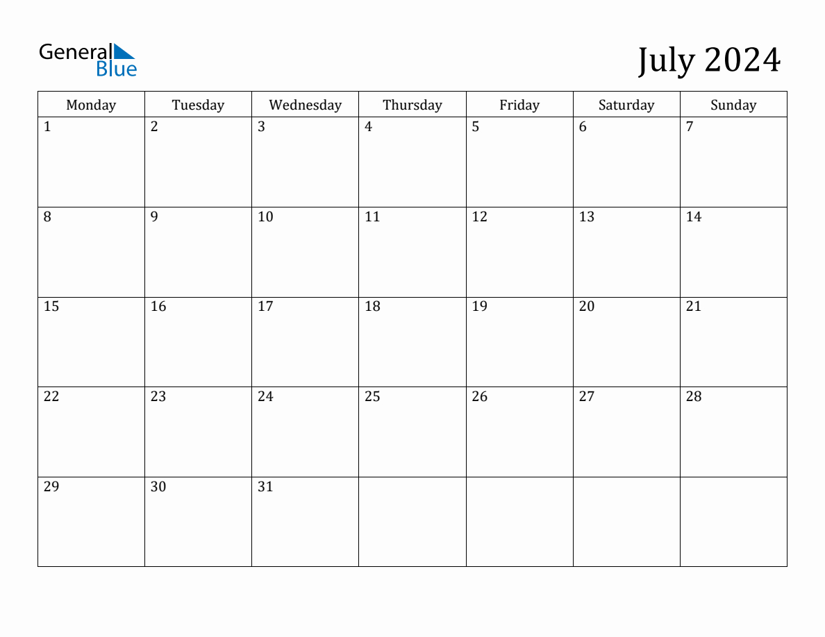 July 2024 Monday Start Calendar (Pdf, Excel, Word) | Calendar 2024