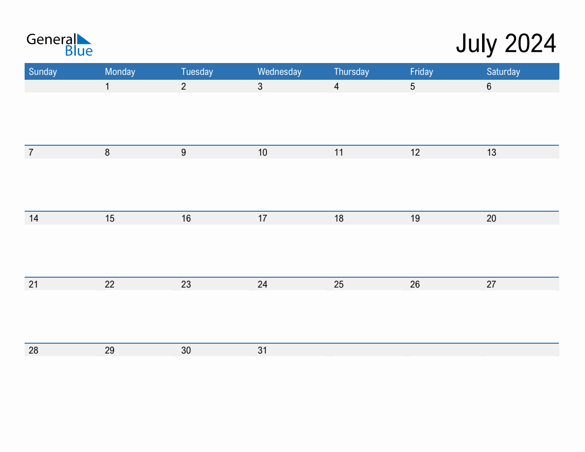 July 2024 Monthly Calendar (Pdf, Word, Excel) | General Blue July 2024 Calendar