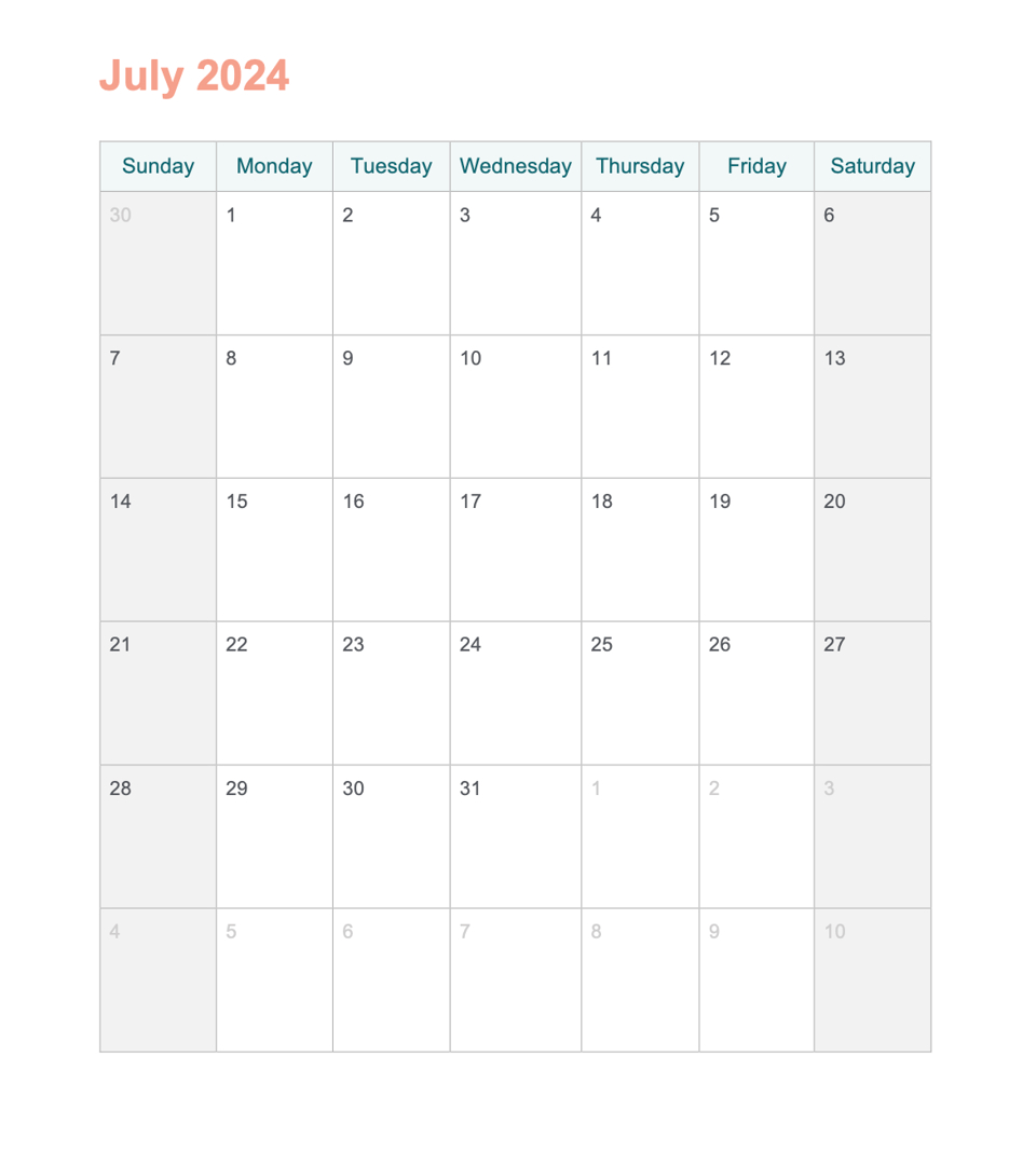 July 2024 Printable Calendar With Word - Agendrix | Calendar 2024