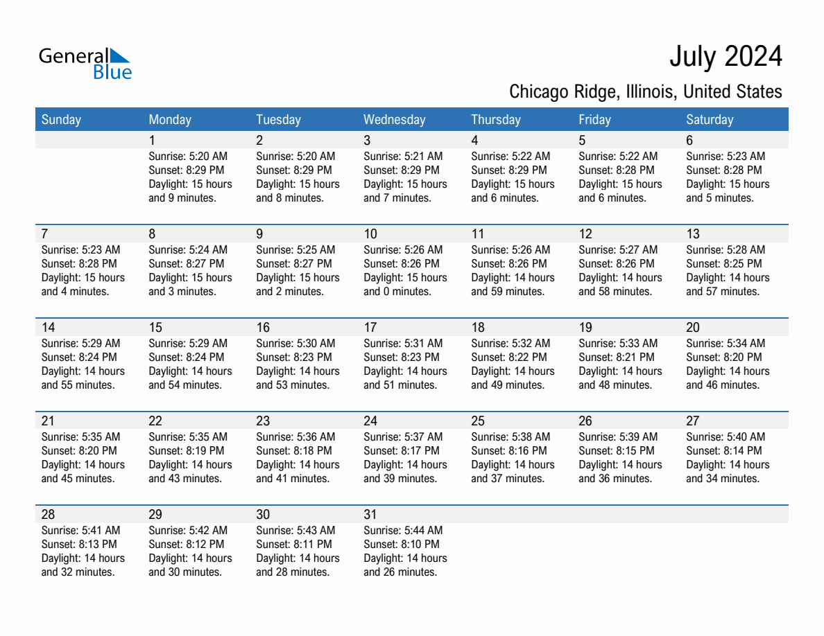 July 2024 Sunrise And Sunset Calendar For Chicago Ridge (Pdf | Chicago Calendar July 2024