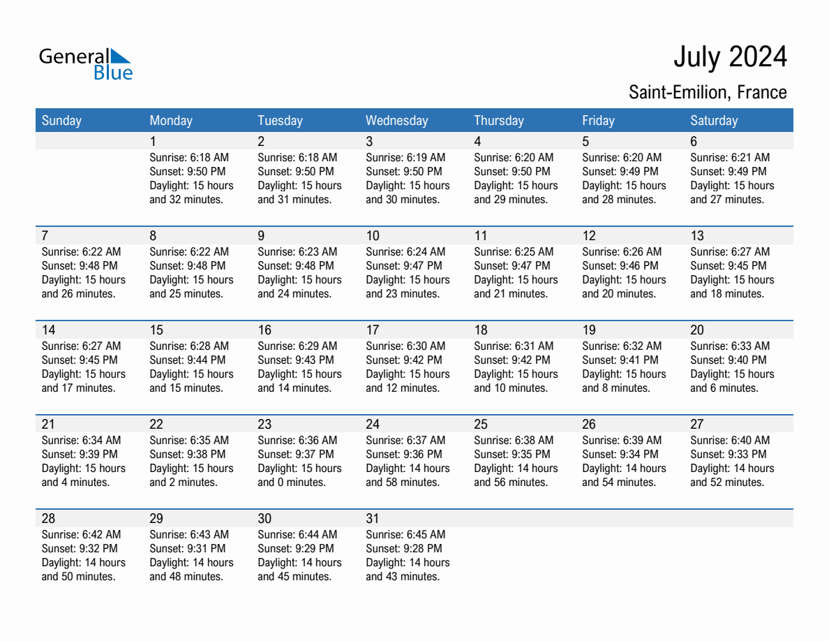 July 2024 Sunrise And Sunset Calendar For Saint-Emilion (Pdf | July Saints Calendar 2024