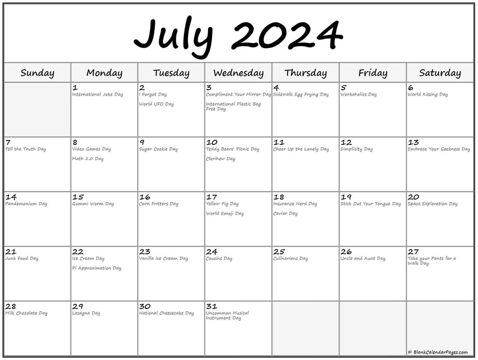 July 2024 With Holidays Calendar | Calendar 2024