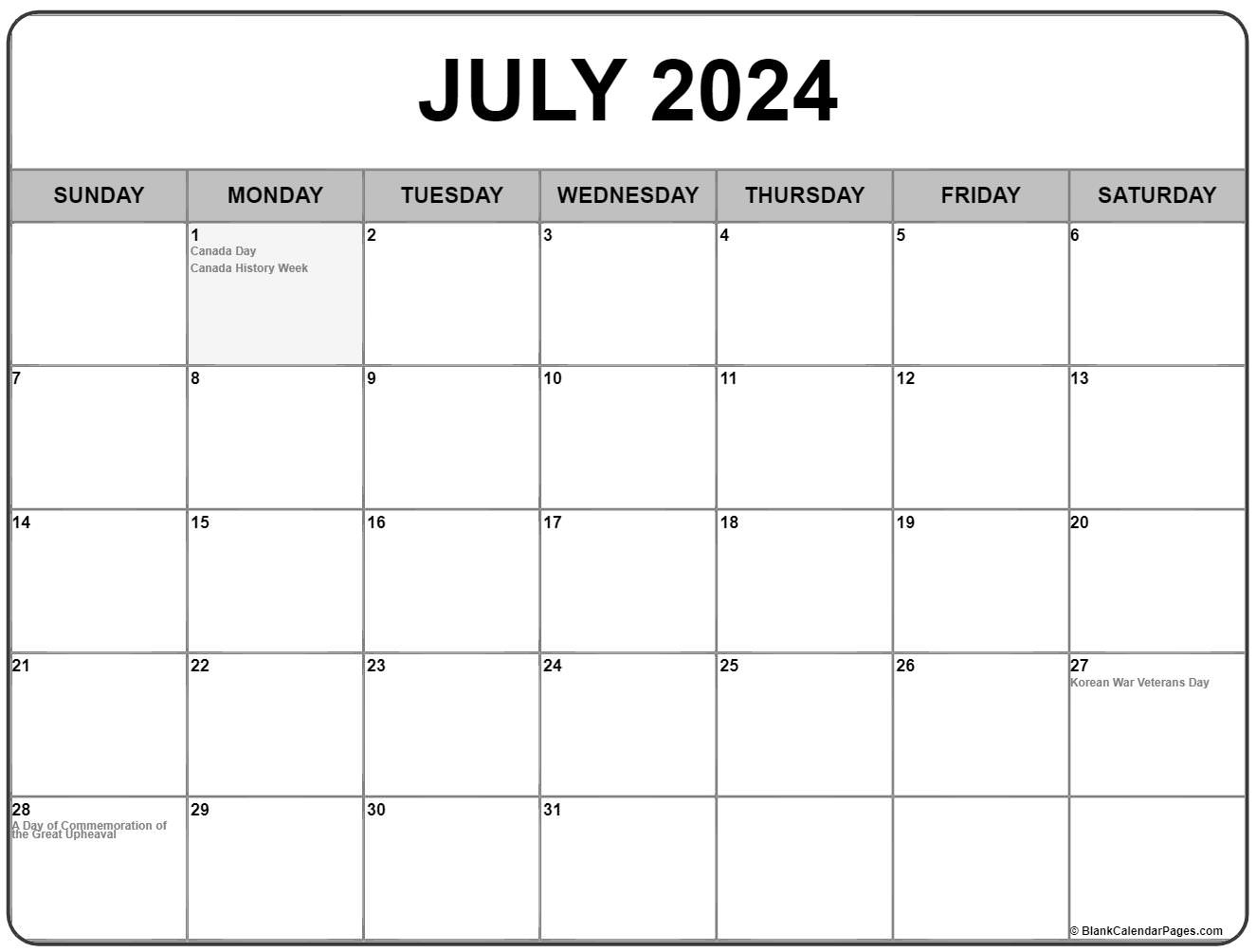 July 2024 With Holidays Calendar | July 2024 Calendar Canada