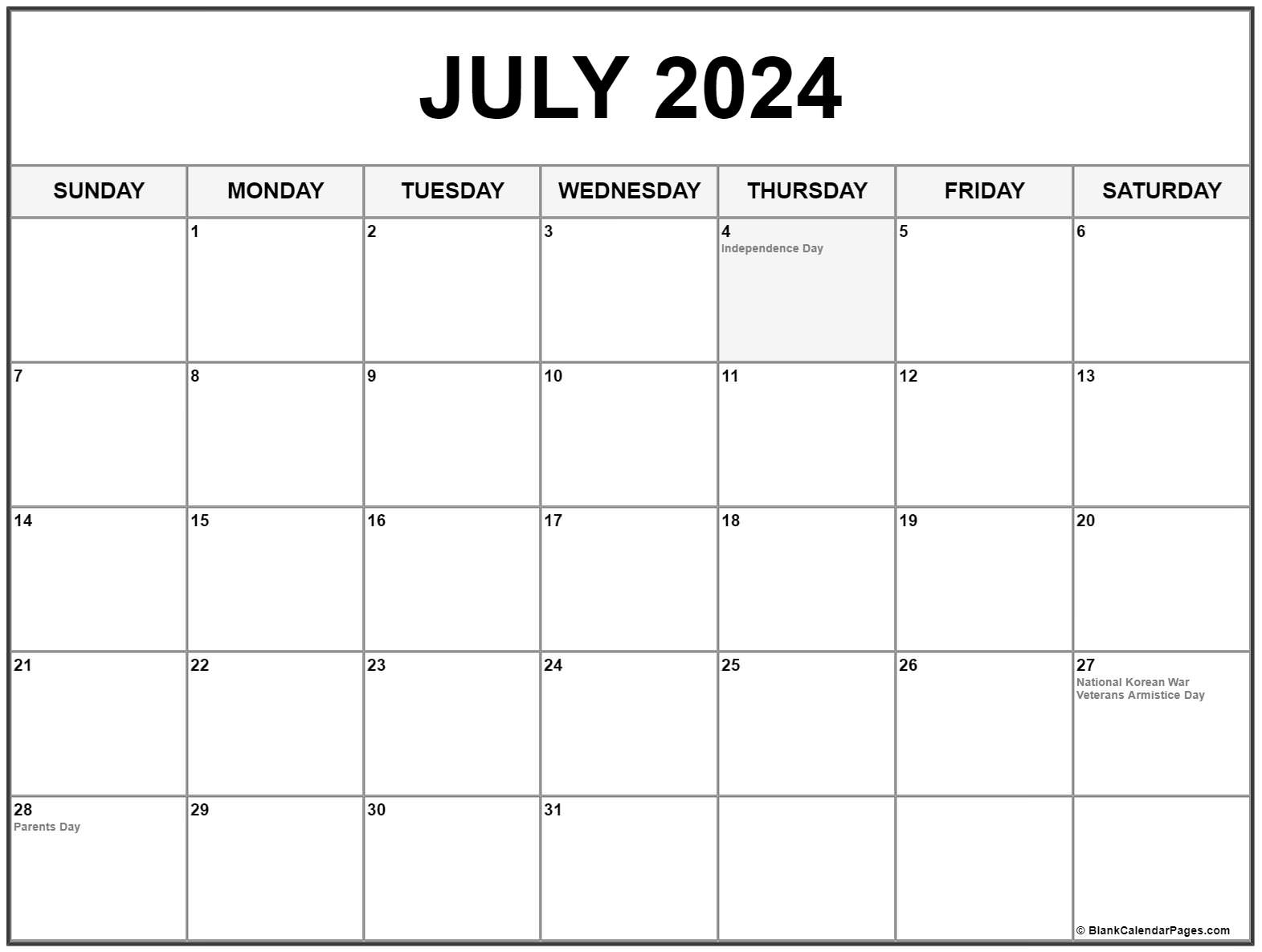 July 2024 With Holidays Calendar | July 2024 Holiday Calendar