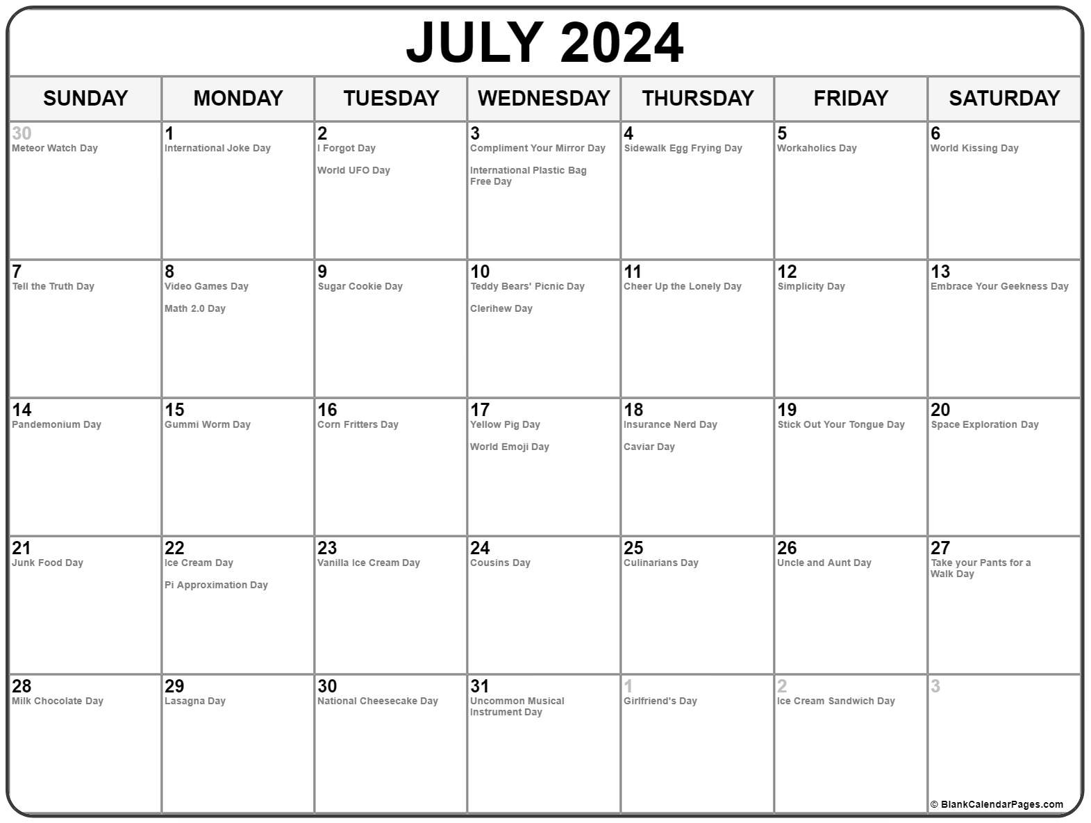 National Calendar July 2024 Calendar 2024 Printable Calendar 2024