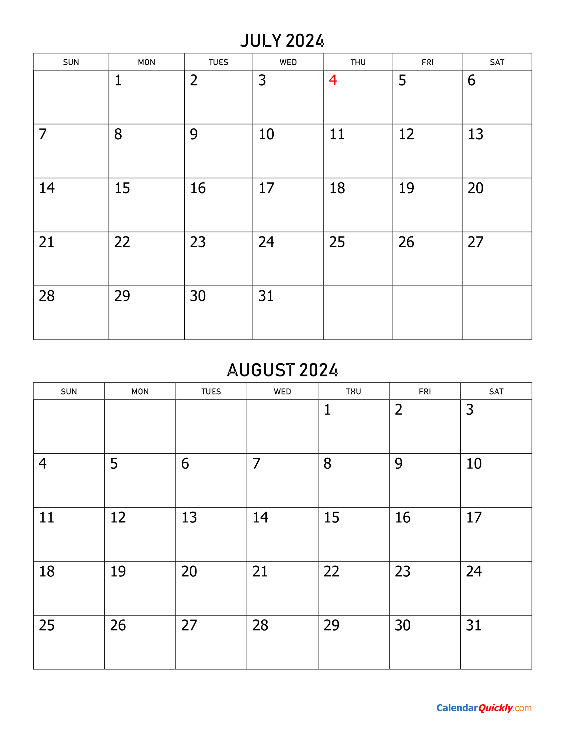 July And August 2024 Calendar | Calendar Quickly | Calendar 2024