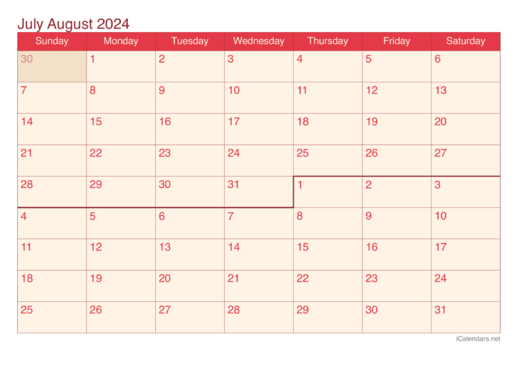 Printable Calendar July and August 2024 | Calendar 2024