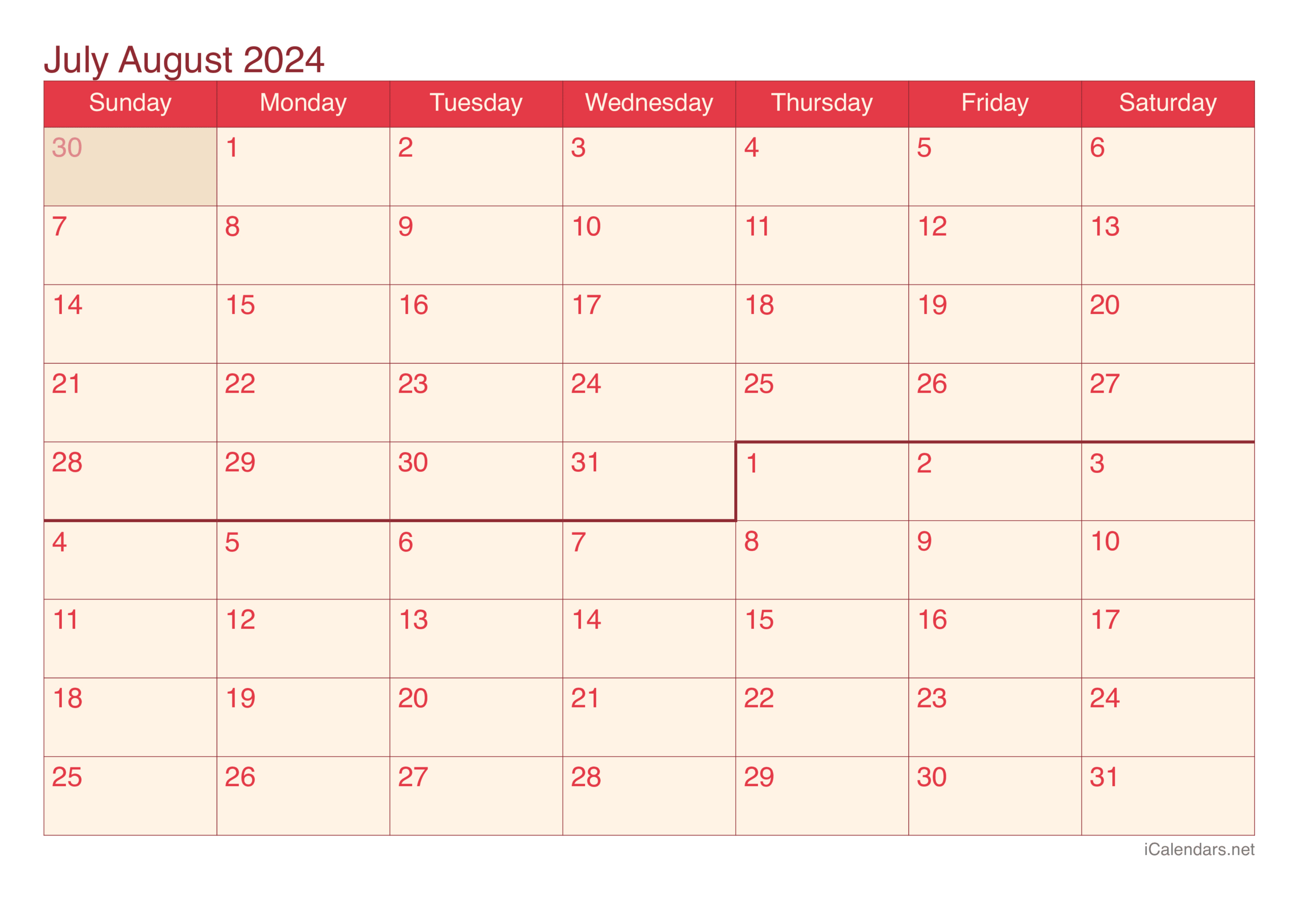 July And August 2024 Printable Calendar | July and Aug 2024 Calendar
