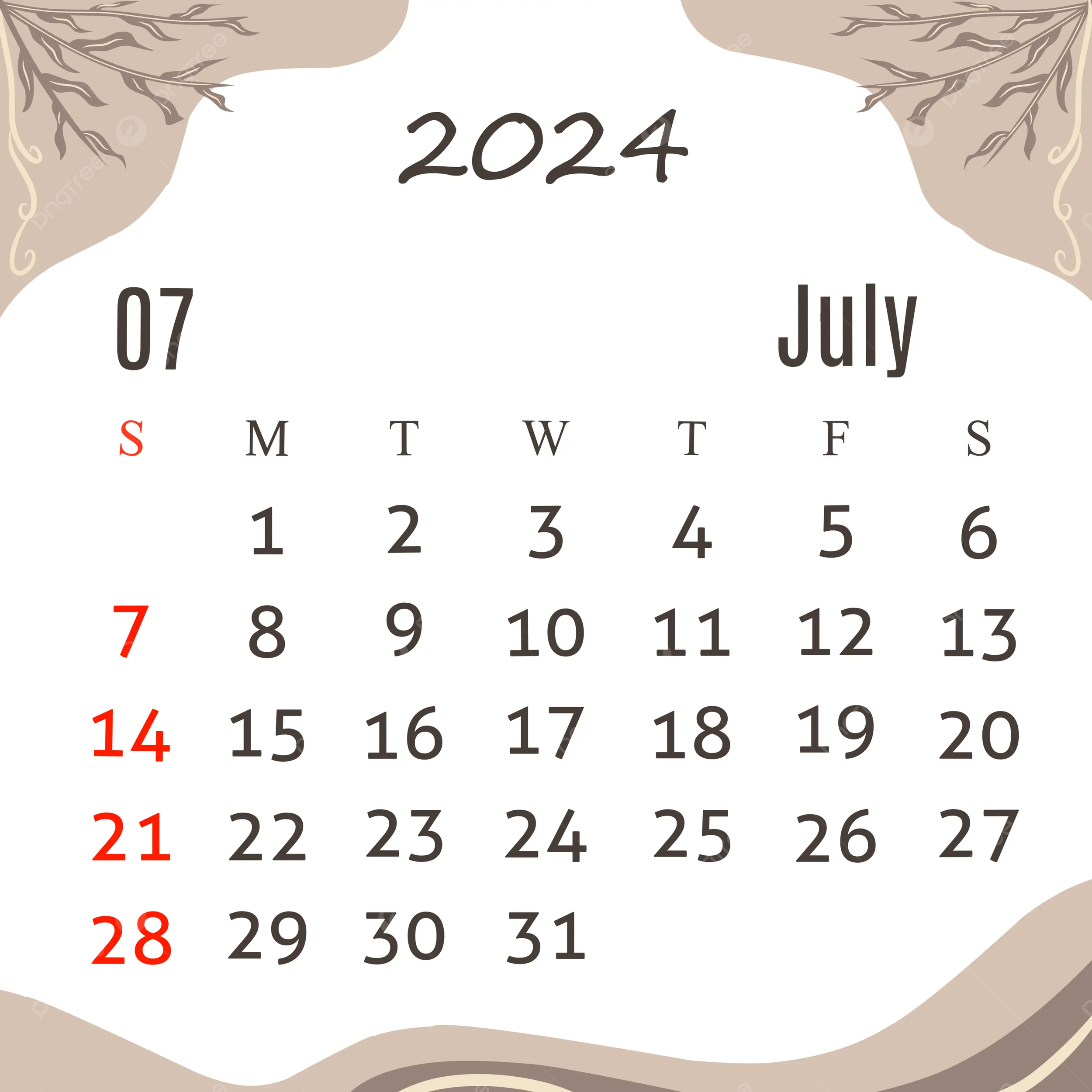 July Calendar 2024 Brown Pastel Aesthetic Illustration Design | Calendar 2024