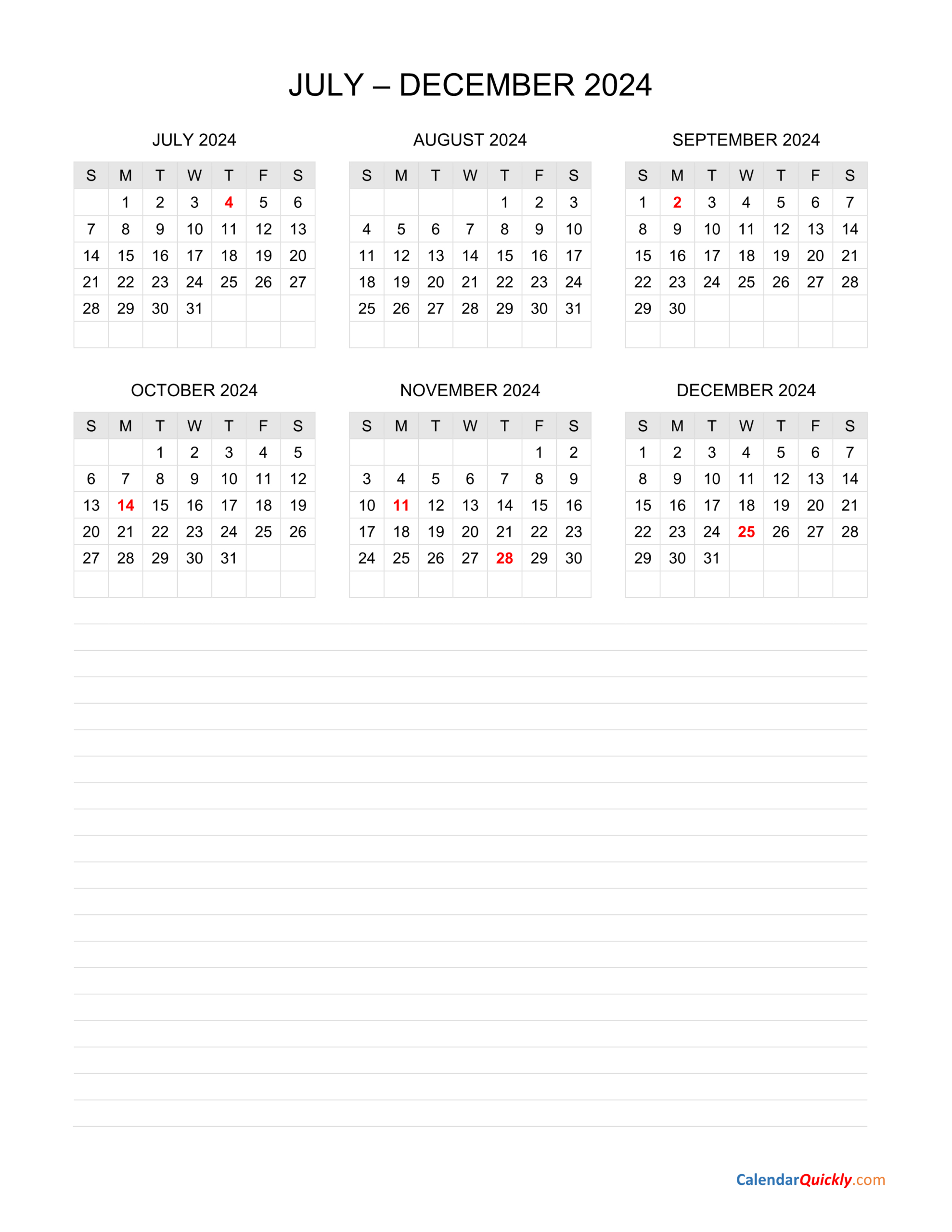 July To December 2024 Calendar With Notes | Calendar Quickly | Calendar 2024