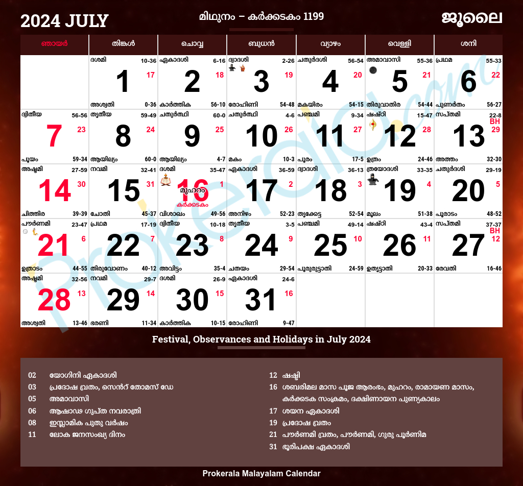 Malayalam Calendar 2024, July | Indian Calendar July 2024