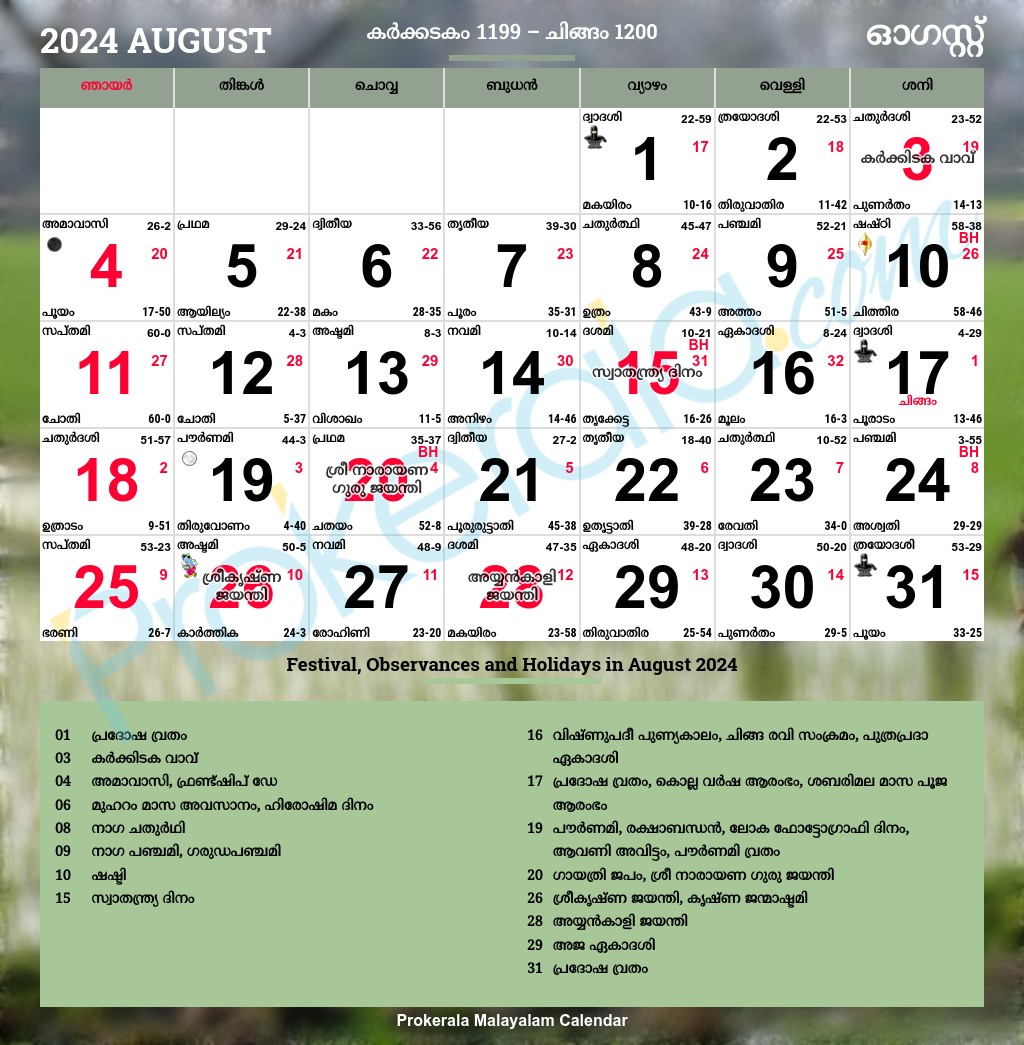 Malayalam Calendar 2024 | Kerala Festivals | Kerala Holidays 2024 | Manorama Calendar 2024 July