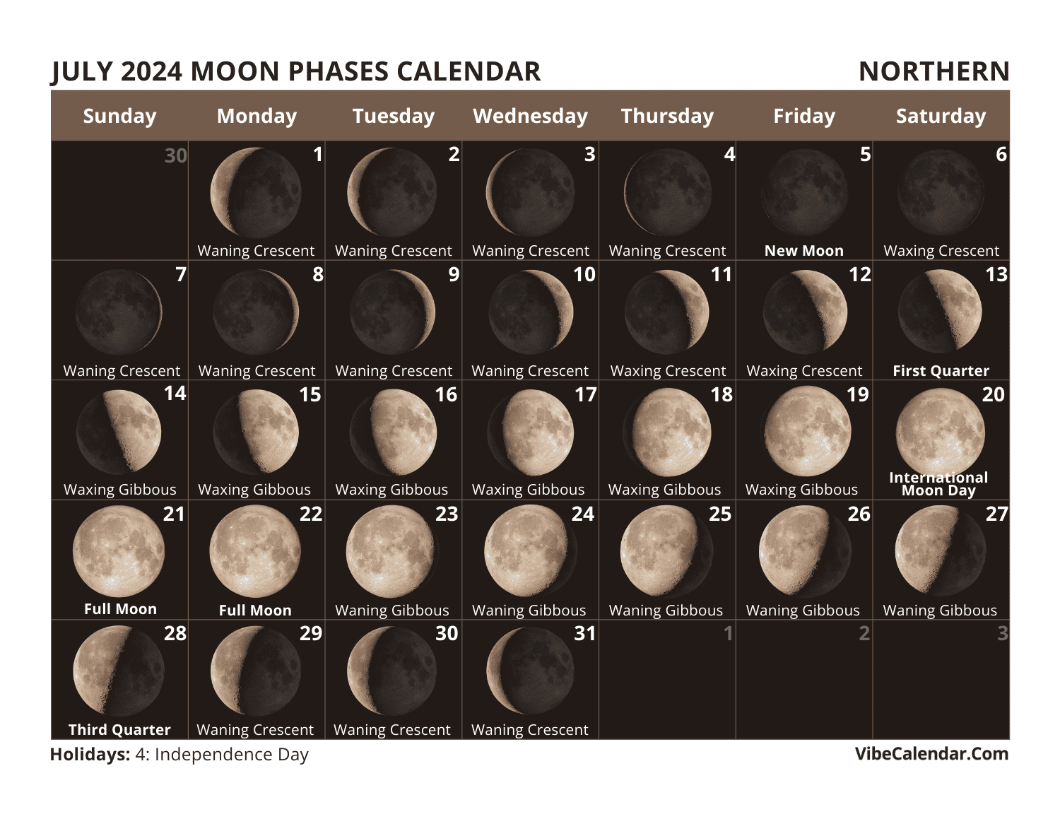 Moon Phases Calendar 2024: Printable Monthly Templates | July 2024 Moon Calendar